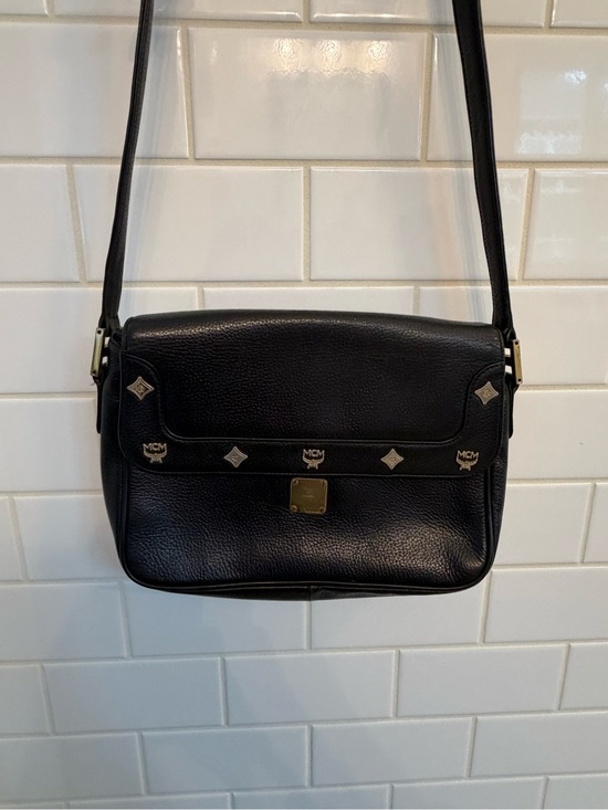 MCM Handbags - MCM Black Leather Shoulder Bag with Gold Accents